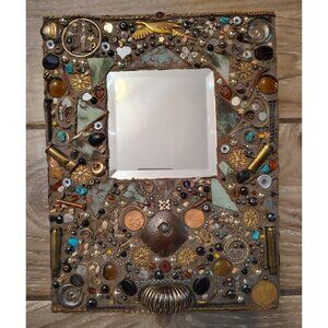 Mixed Media Steampink Mirror Wall Art, Coins, Beads, Pottery Copper Nailed Trim
